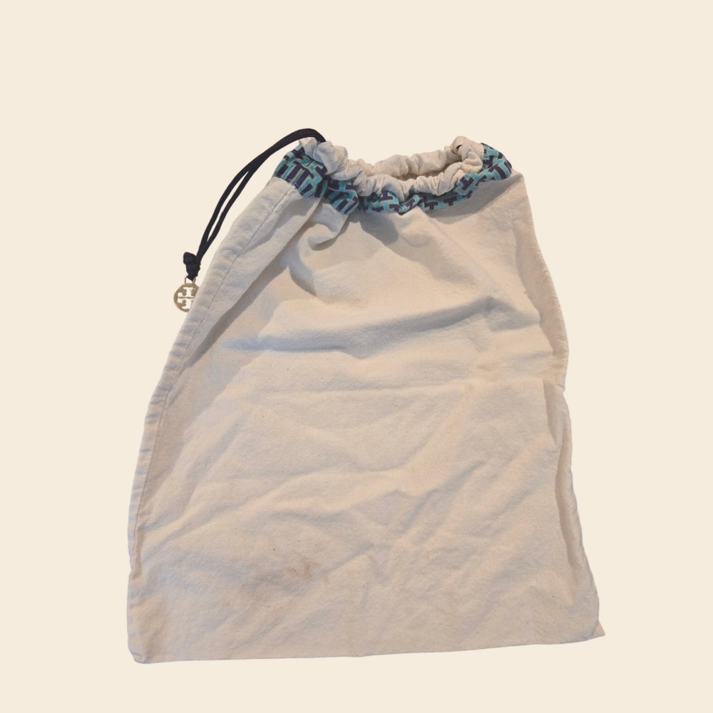 Tory Burch Cream Cotton Drawstring Dust Bag with Blue Logo Trim and Gold Charm